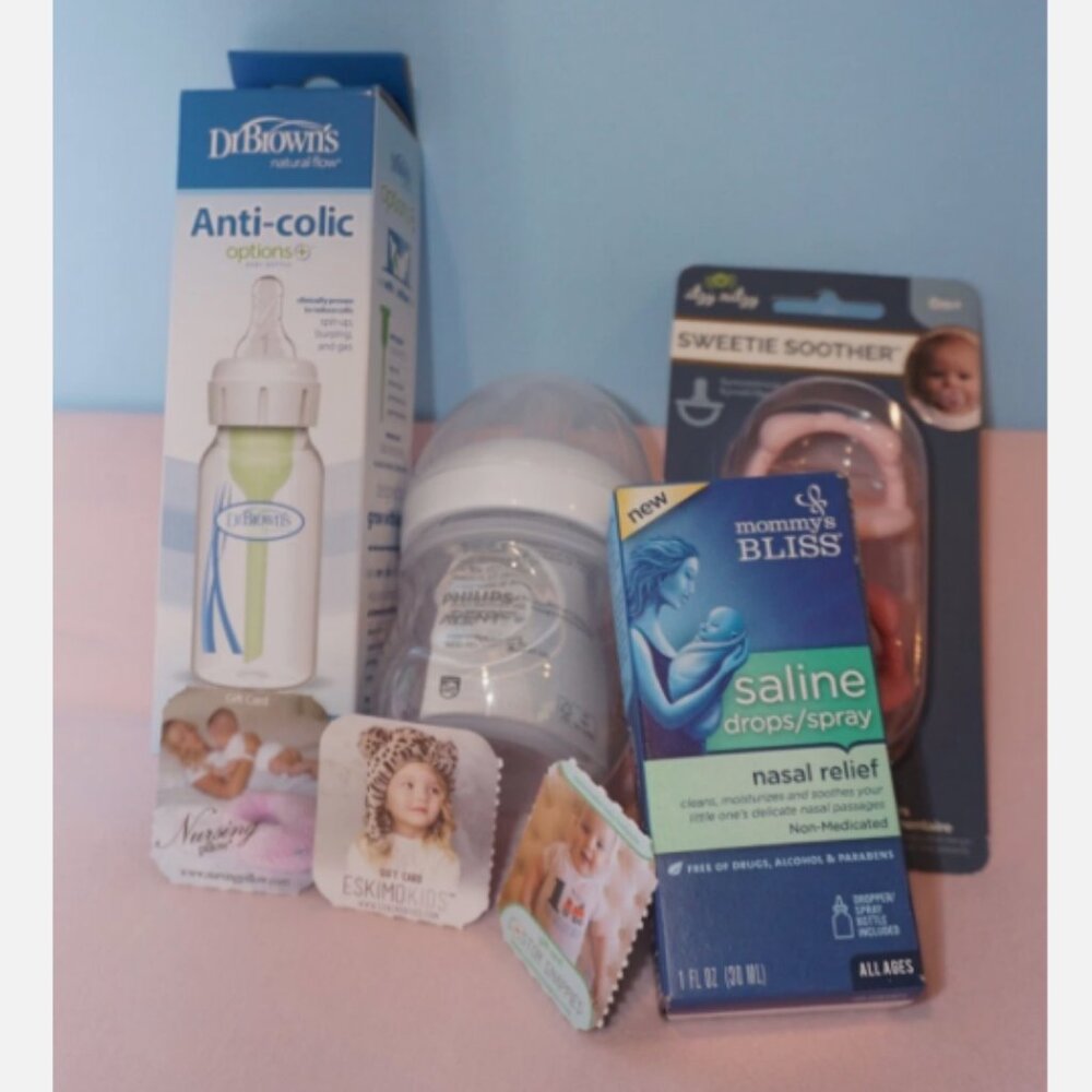 Baby Welcome Kit: Bottles, saline drops, pacifiers, gift cards, value $153